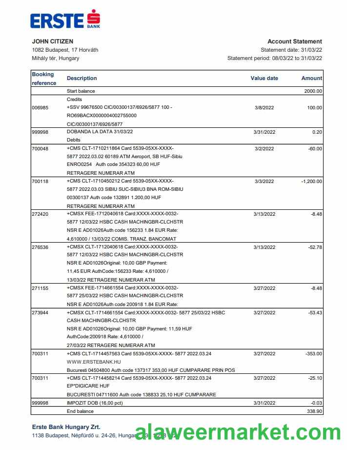 Hungary Erste bank statement xls